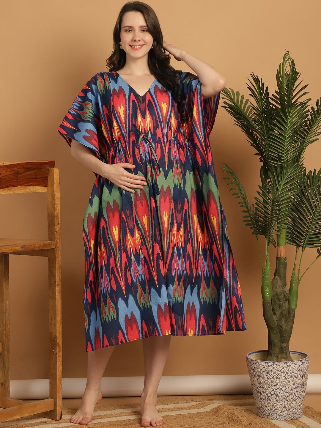 Multi Color Abstract Print Cotton Maternity Kaftan Nighty