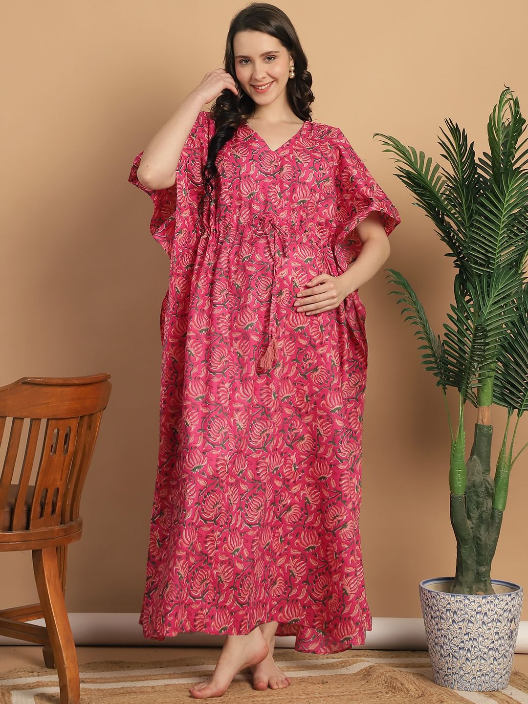 Pink Floral Print Cotton Maternity Kaftan Nighty