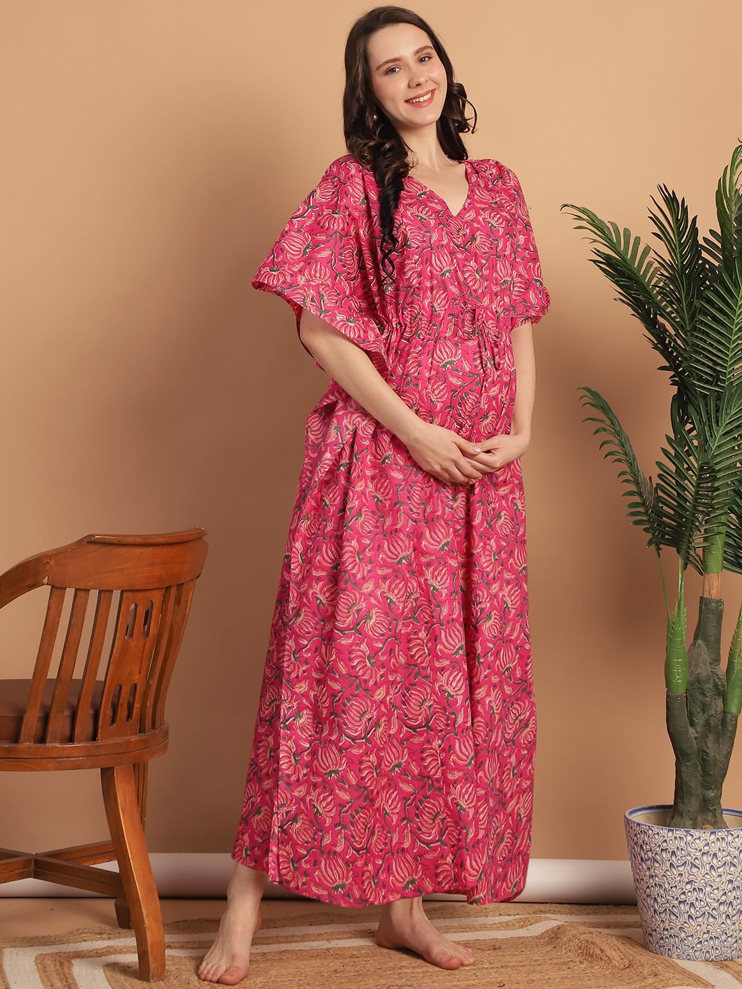 Pink Floral Print Cotton Maternity Kaftan Nighty