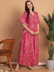 Pink Floral Print Cotton Maternity Kaftan Nighty