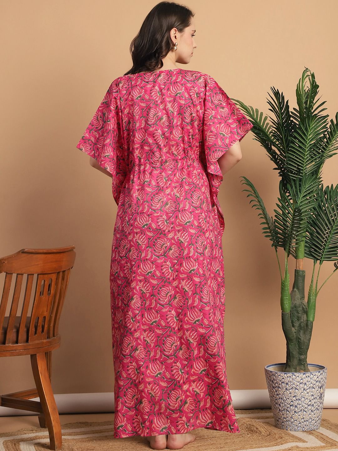 Pink Floral Print Cotton Maternity Kaftan Nighty