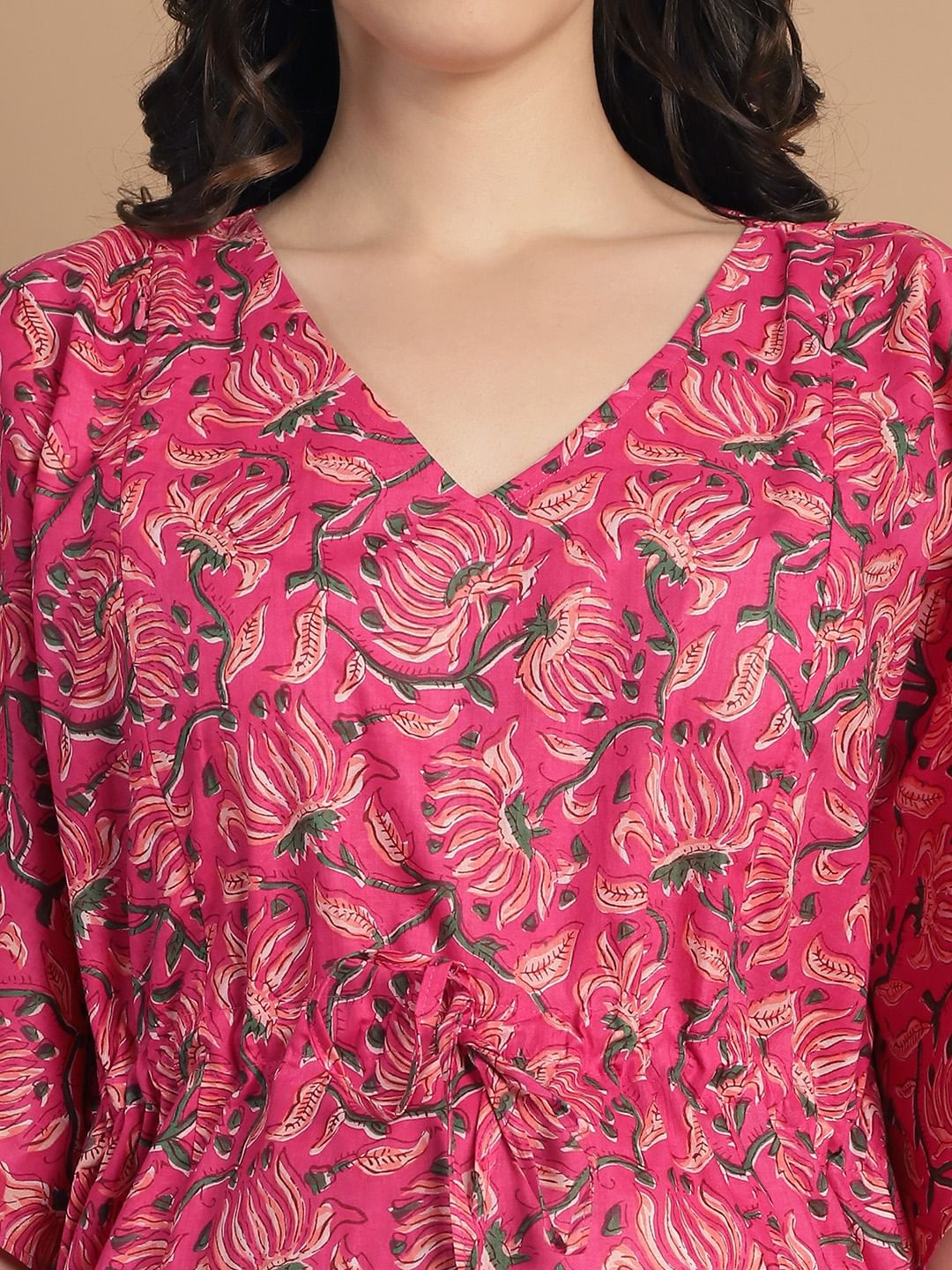 Pink Floral Print Cotton Maternity Kaftan Nighty