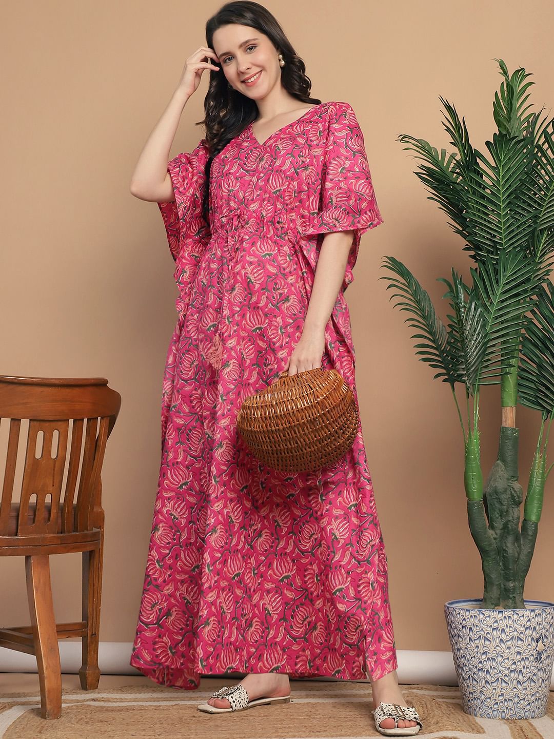 Pink Floral Print Cotton Maternity Kaftan Nighty