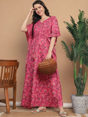 Pink Floral Print Cotton Maternity Kaftan Nighty