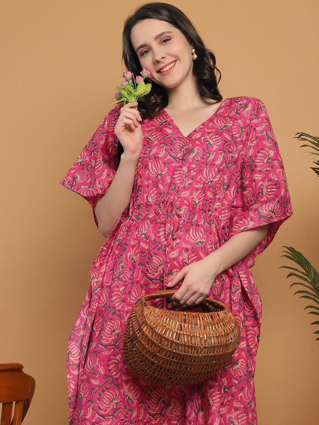 Pink Floral Print Cotton Maternity Kaftan Nighty