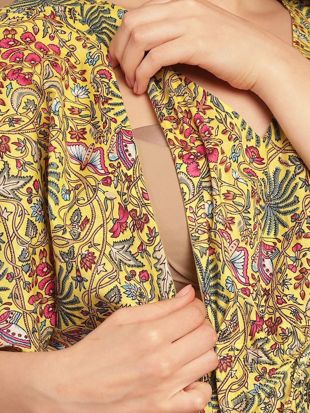 Yellow Floral Print Cotton Maternity Kaftan Nighty