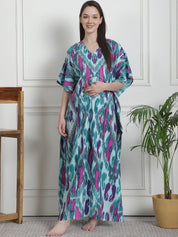 Abstract Print Sea Green Cotton Maternity Kaftan Nighty