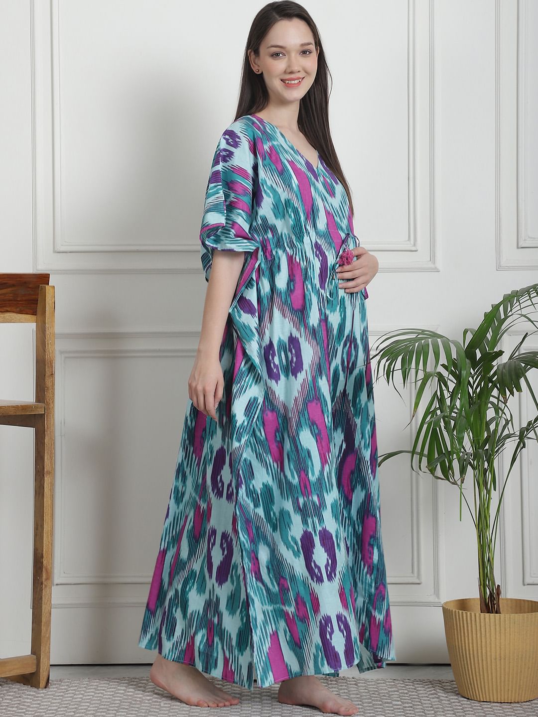 Abstract Print Sea Green Cotton Maternity Kaftan Nighty