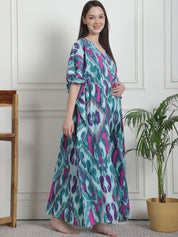 Abstract Print Sea Green Cotton Maternity Kaftan Nighty