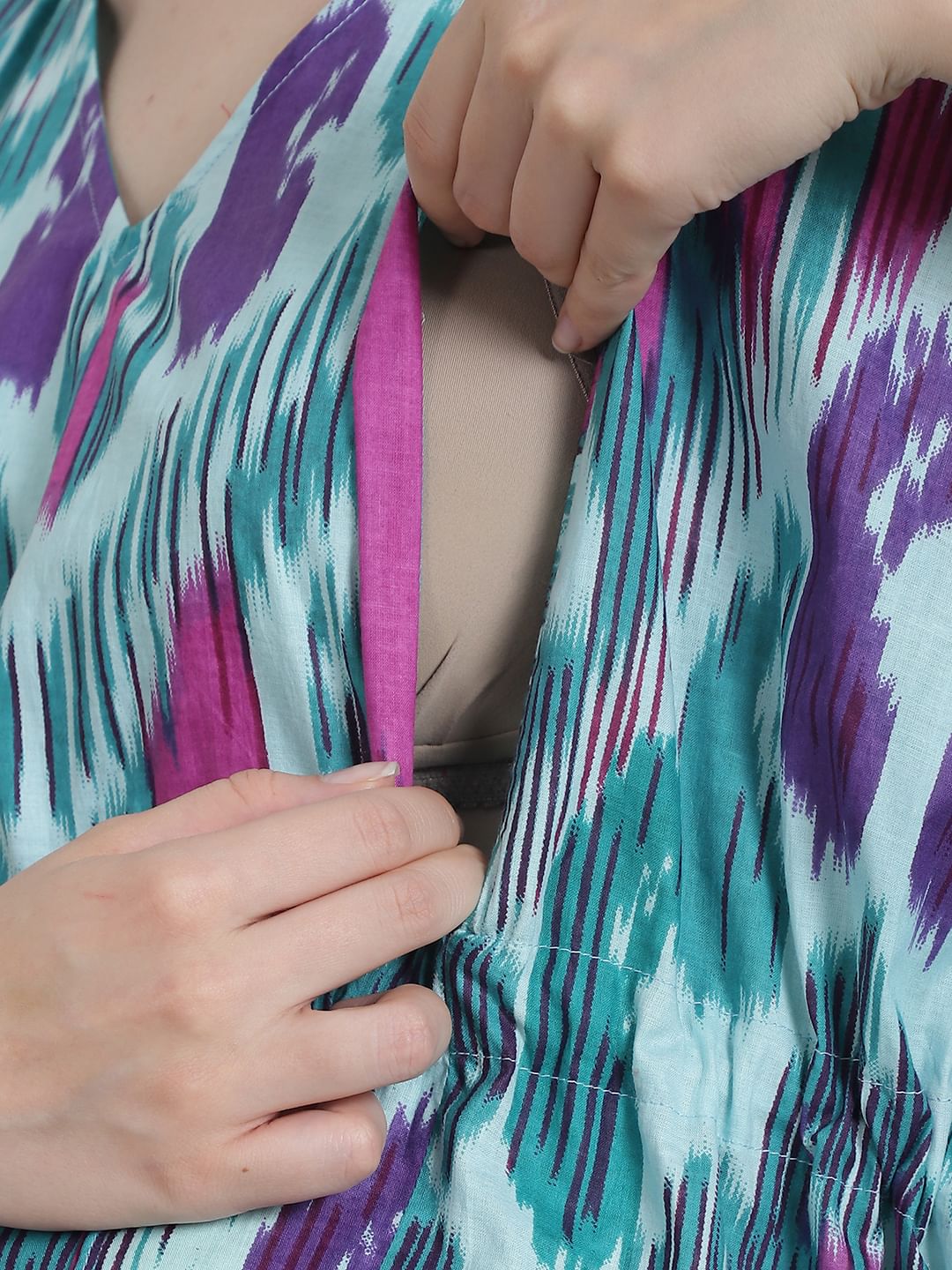 Abstract Print Sea Green Cotton Maternity Kaftan Nighty