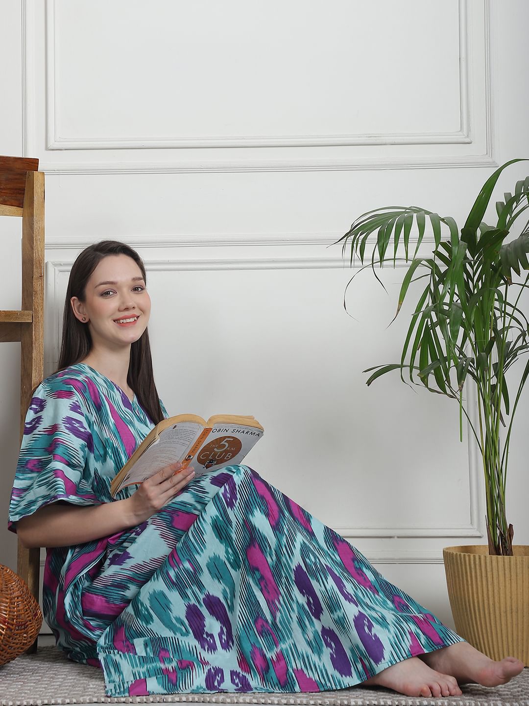 Abstract Print Sea Green Cotton Maternity Kaftan Nighty