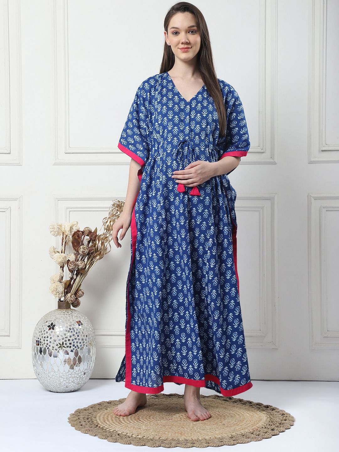 Printed Navy Blue Cotton Maternity Kaftan
