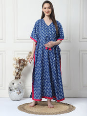 Printed Navy Blue Cotton Maternity Kaftan