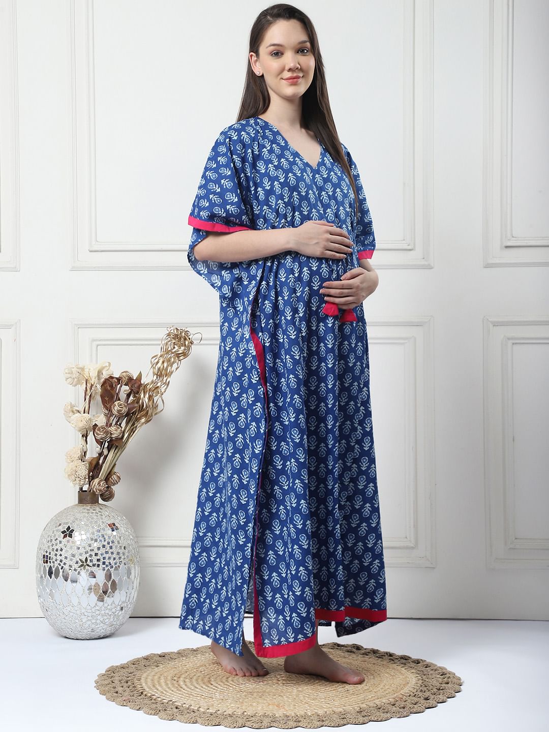 Printed Navy Blue Cotton Maternity Kaftan