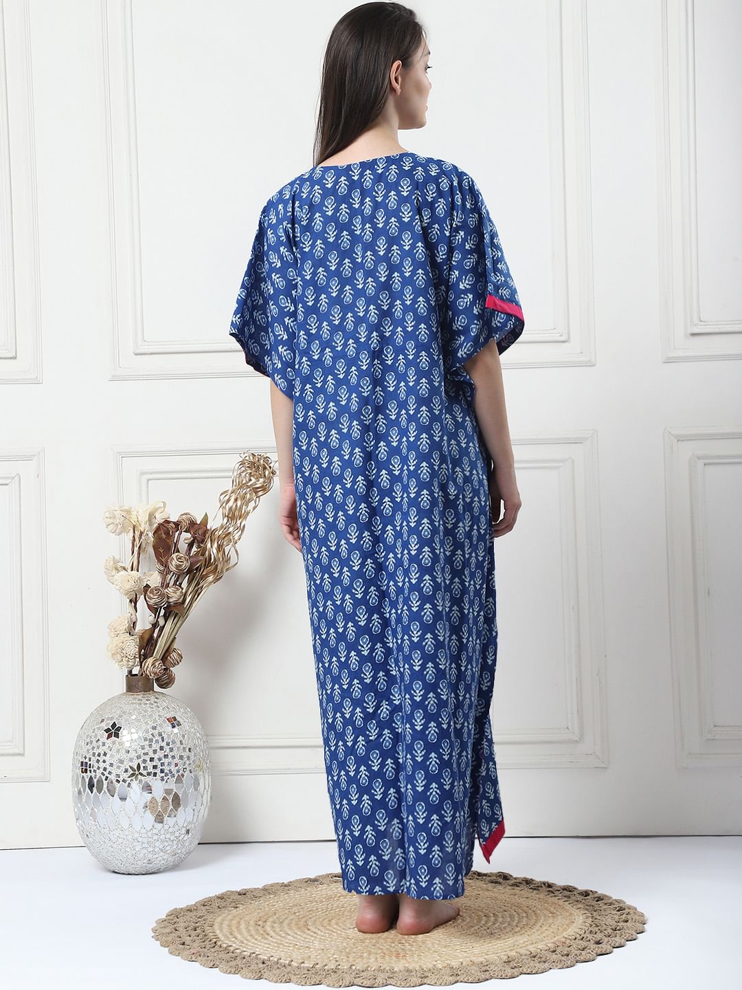 Printed Navy Blue Cotton Maternity Kaftan