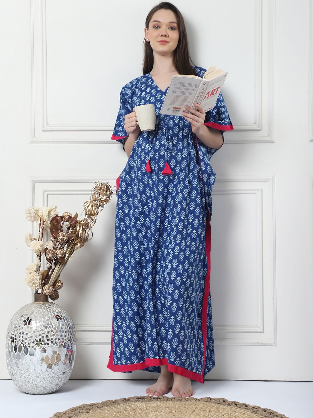 Printed Navy Blue Cotton Maternity Kaftan