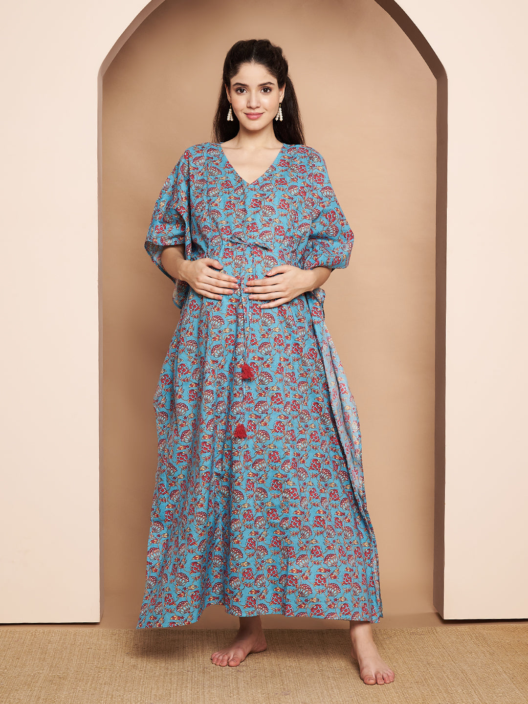 Floral Print Blue Cotton Maternity Kaftan