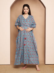 Floral Print Blue Cotton Maternity Kaftan