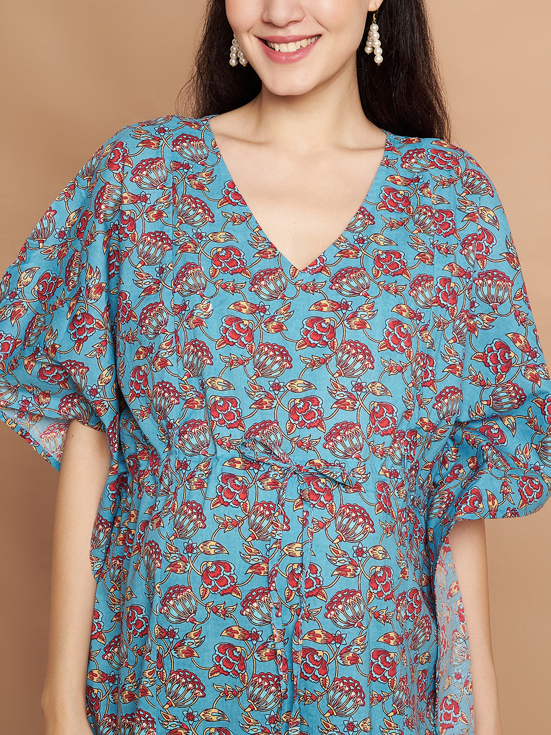 Floral Print Blue Cotton Maternity Kaftan