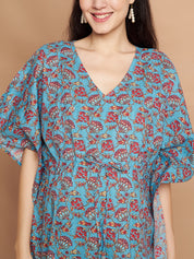 Floral Print Blue Cotton Maternity Kaftan