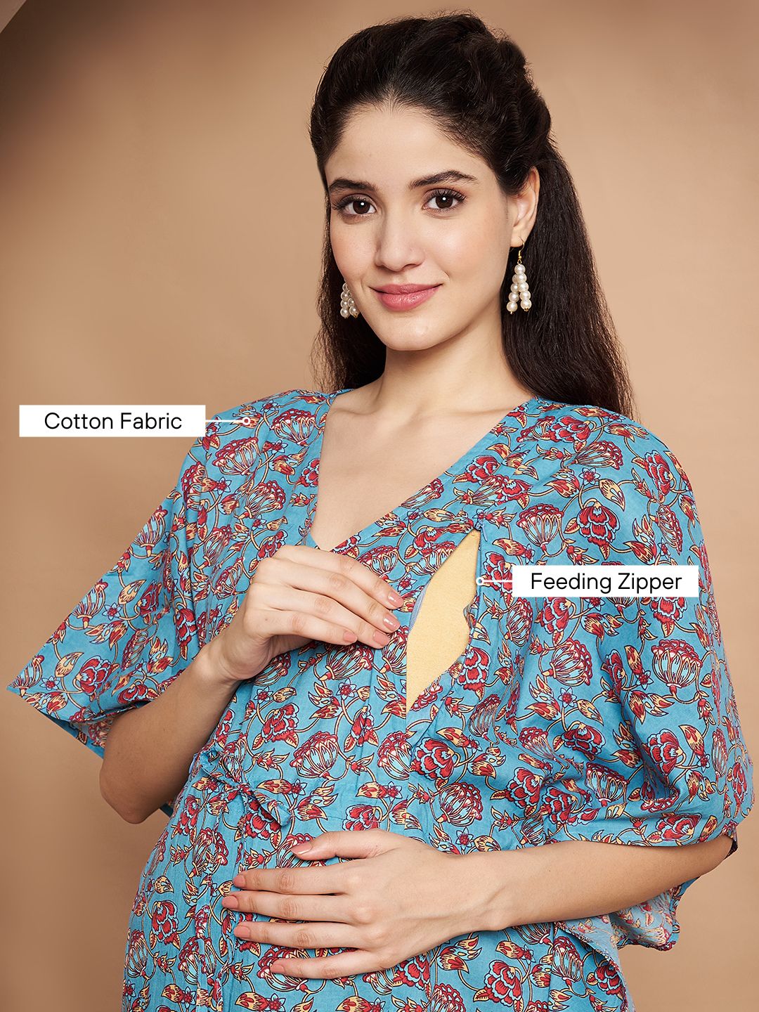 Floral Print Blue Cotton Maternity Kaftan
