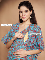 Floral Print Blue Cotton Maternity Kaftan