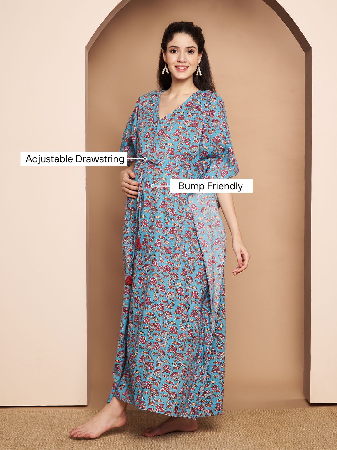 Floral Print Blue Cotton Maternity Kaftan