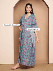 Floral Print Blue Cotton Maternity Kaftan