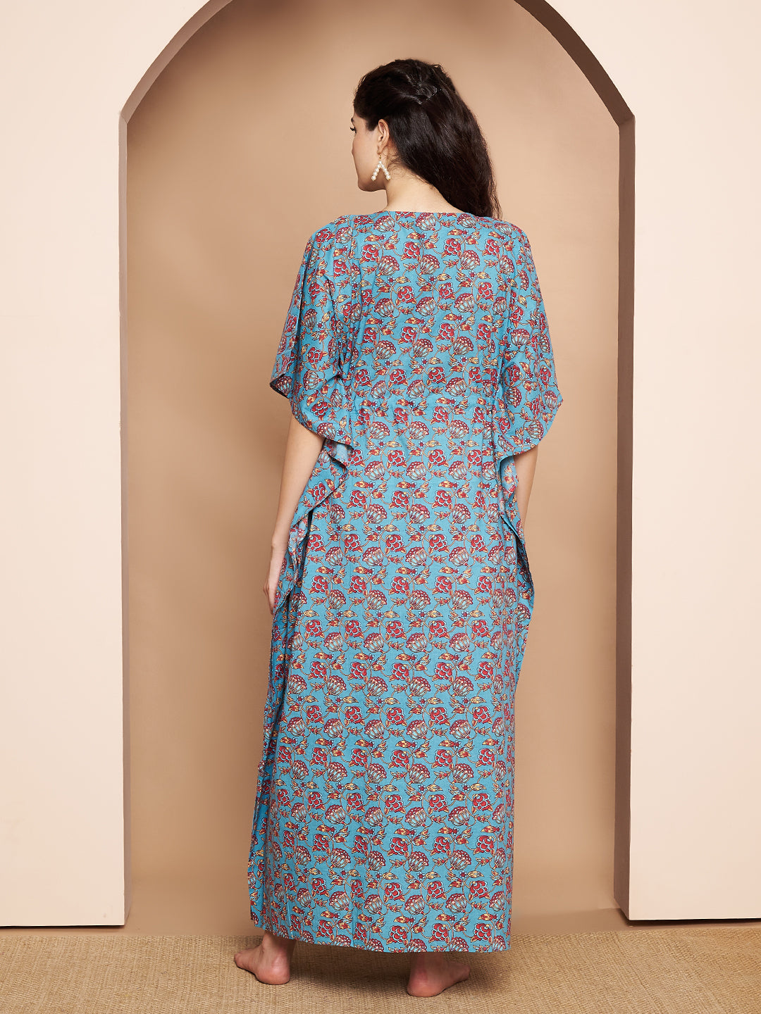 Floral Print Blue Cotton Maternity Kaftan