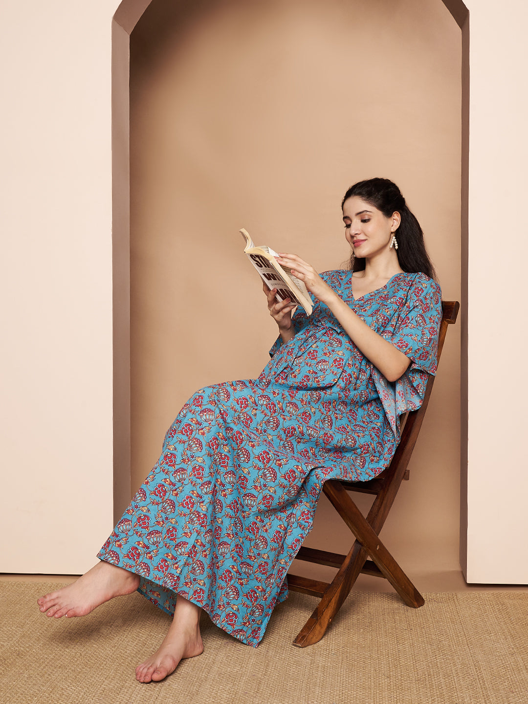Floral Print Blue Cotton Maternity Kaftan