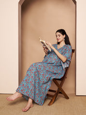 Floral Print Blue Cotton Maternity Kaftan