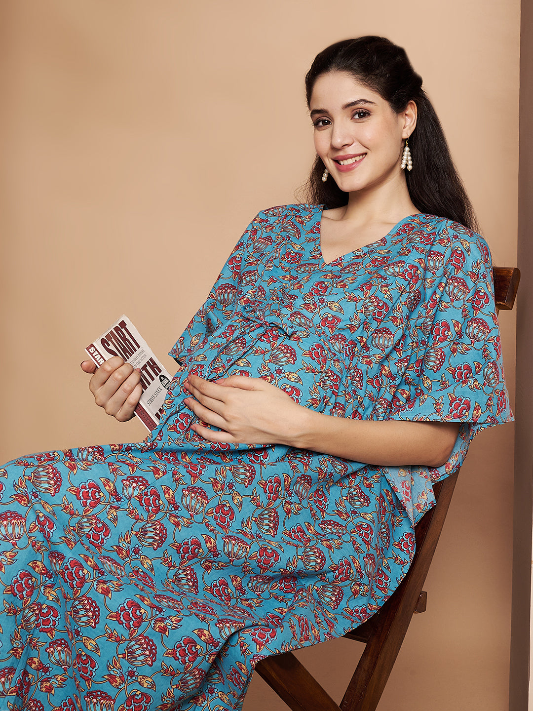 Floral Print Blue Cotton Maternity Kaftan