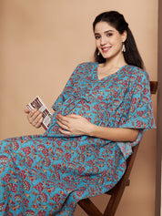 Floral Print Blue Cotton Maternity Kaftan