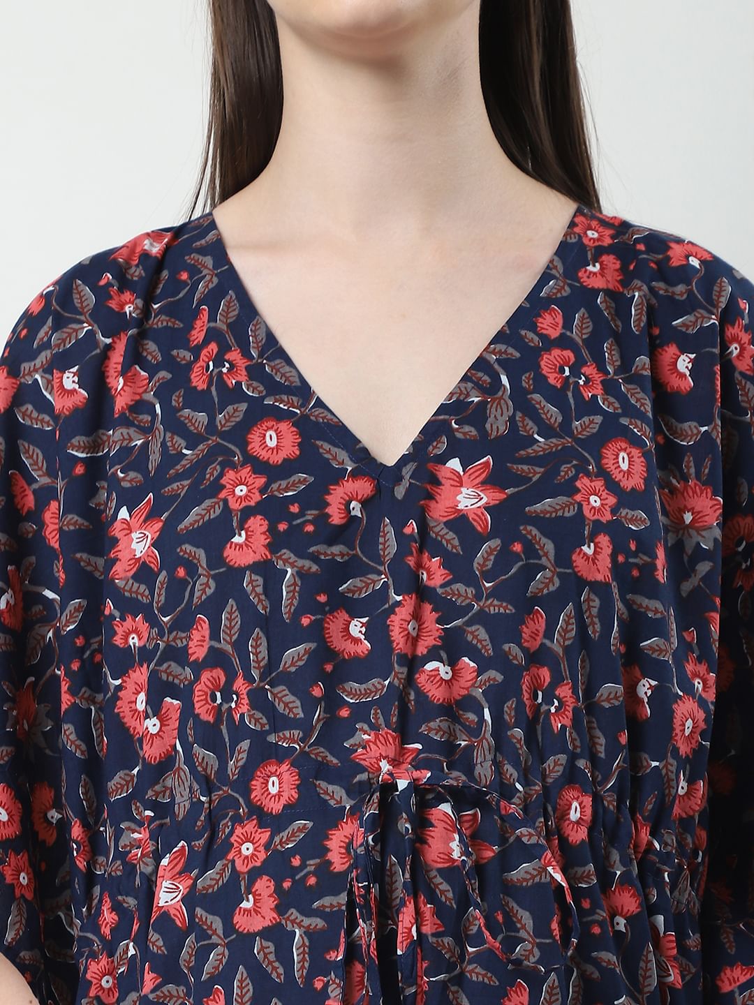 Floral Print Navy Blue Cotton Maternity Kaftan