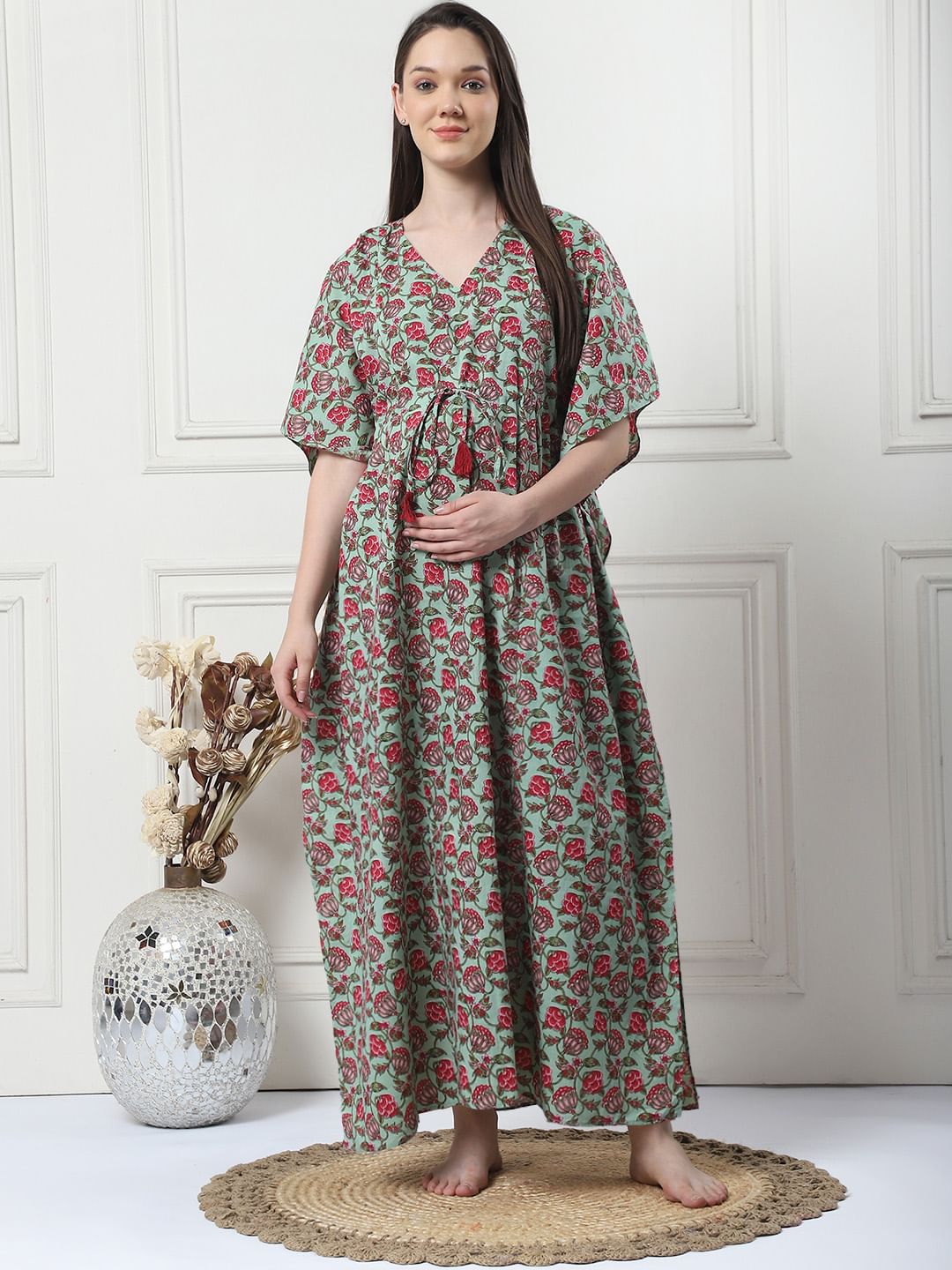 Floral Print Green Cotton Maternity Kaftan