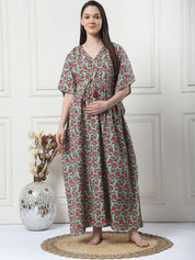 Floral Print Green Cotton Maternity Kaftan