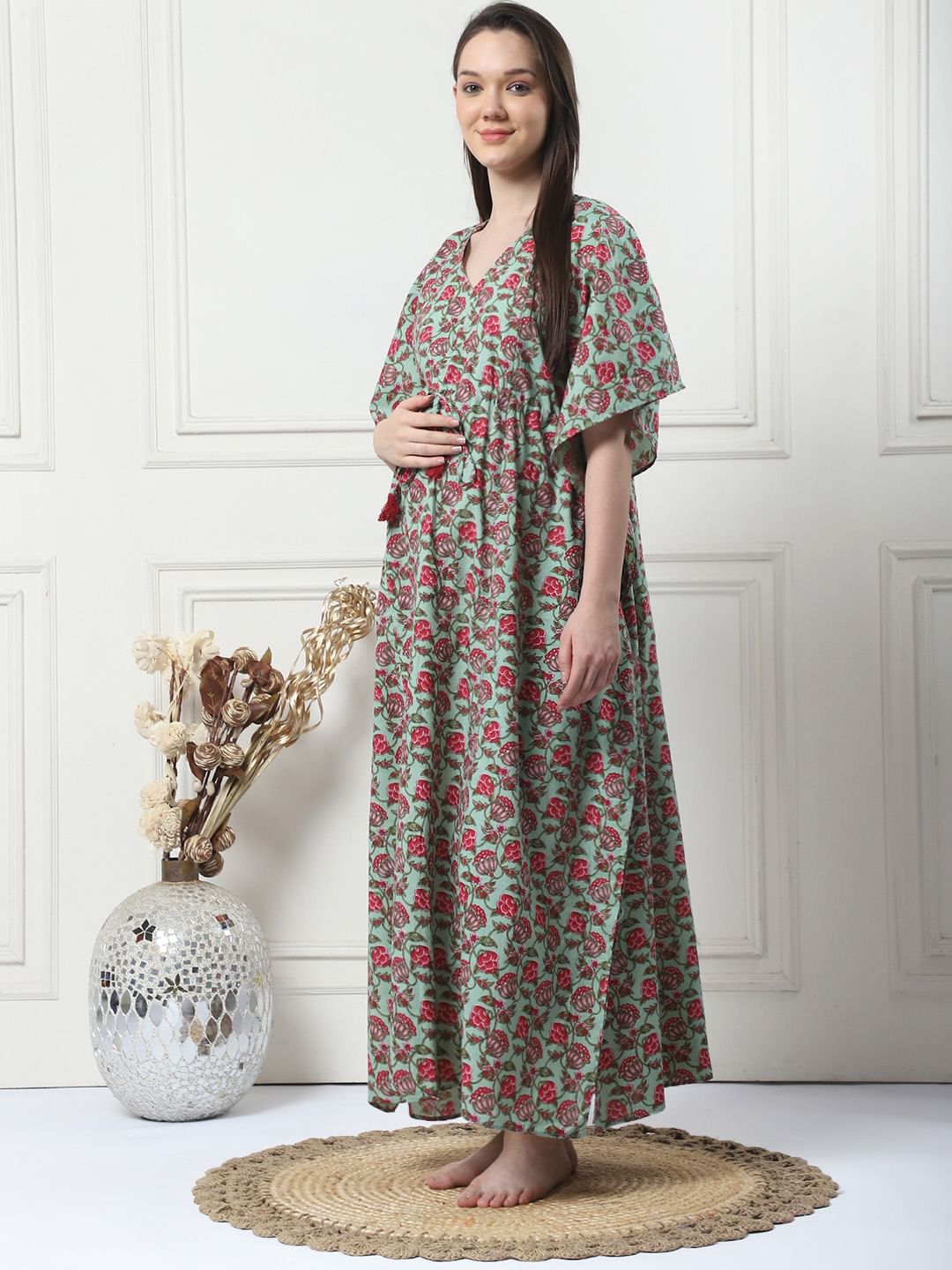Floral Print Green Cotton Maternity Kaftan