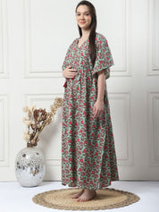Floral Print Green Cotton Maternity Kaftan