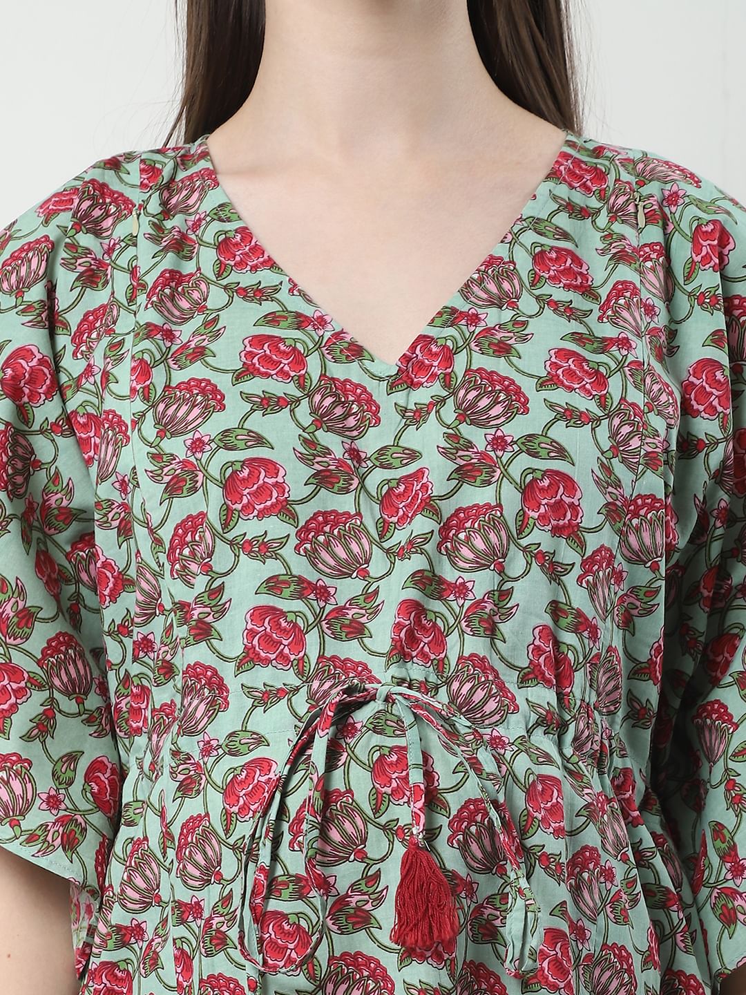Floral Print Green Cotton Maternity Kaftan