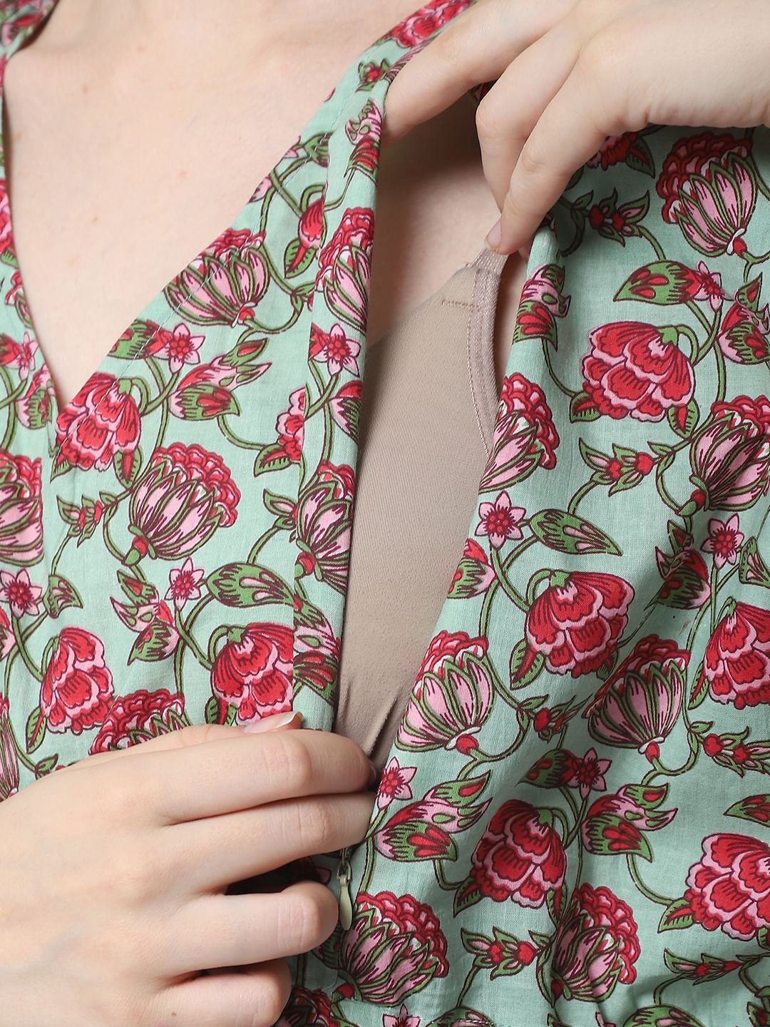 Floral Print Green Cotton Maternity Kaftan