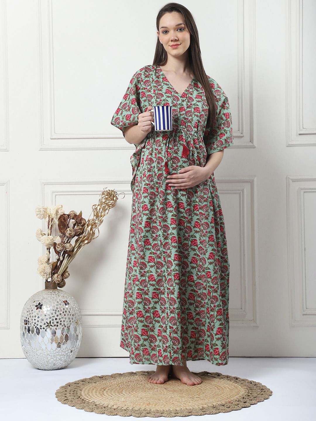 Floral Print Green Cotton Maternity Kaftan