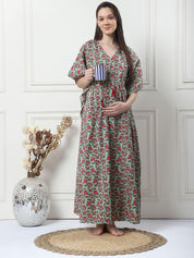 Floral Print Green Cotton Maternity Kaftan