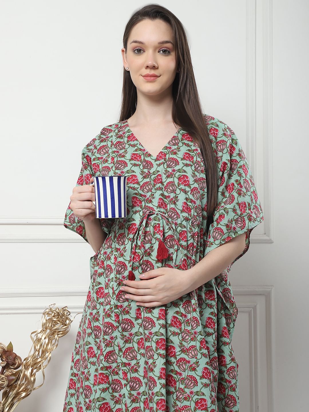 Floral Print Green Cotton Maternity Kaftan