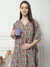 Floral Print Green Cotton Maternity Kaftan