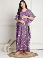 Floral Print Purple Cotton Maternity Kaftan full length