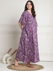 Floral Print Purple Cotton Maternity Kaftan full length
