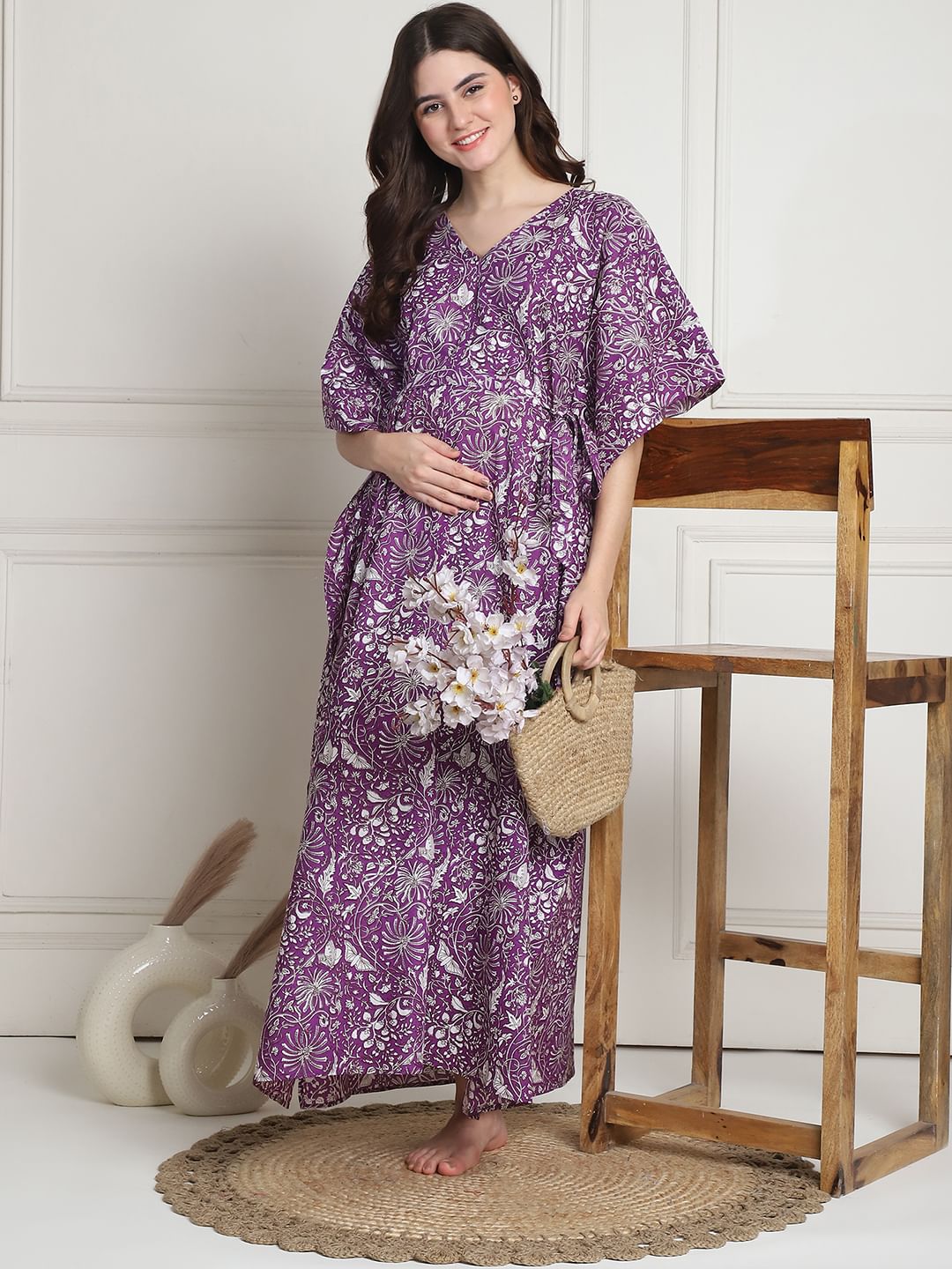 Floral Print Purple Cotton Maternity Kaftan full length