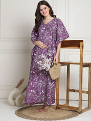 Floral Print Purple Cotton Maternity Kaftan full length