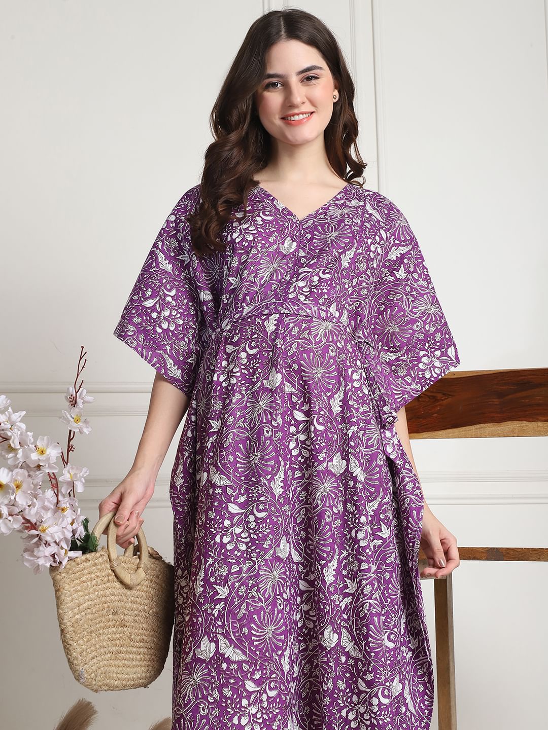 Floral Print Purple Cotton Maternity Kaftan full length