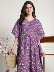 Floral Print Purple Cotton Maternity Kaftan full length